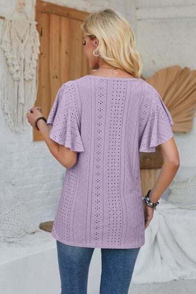 Eyelet Applique V-Neck Cap Sleeve T-Shirt - Trendsi - Flyclothing LLC