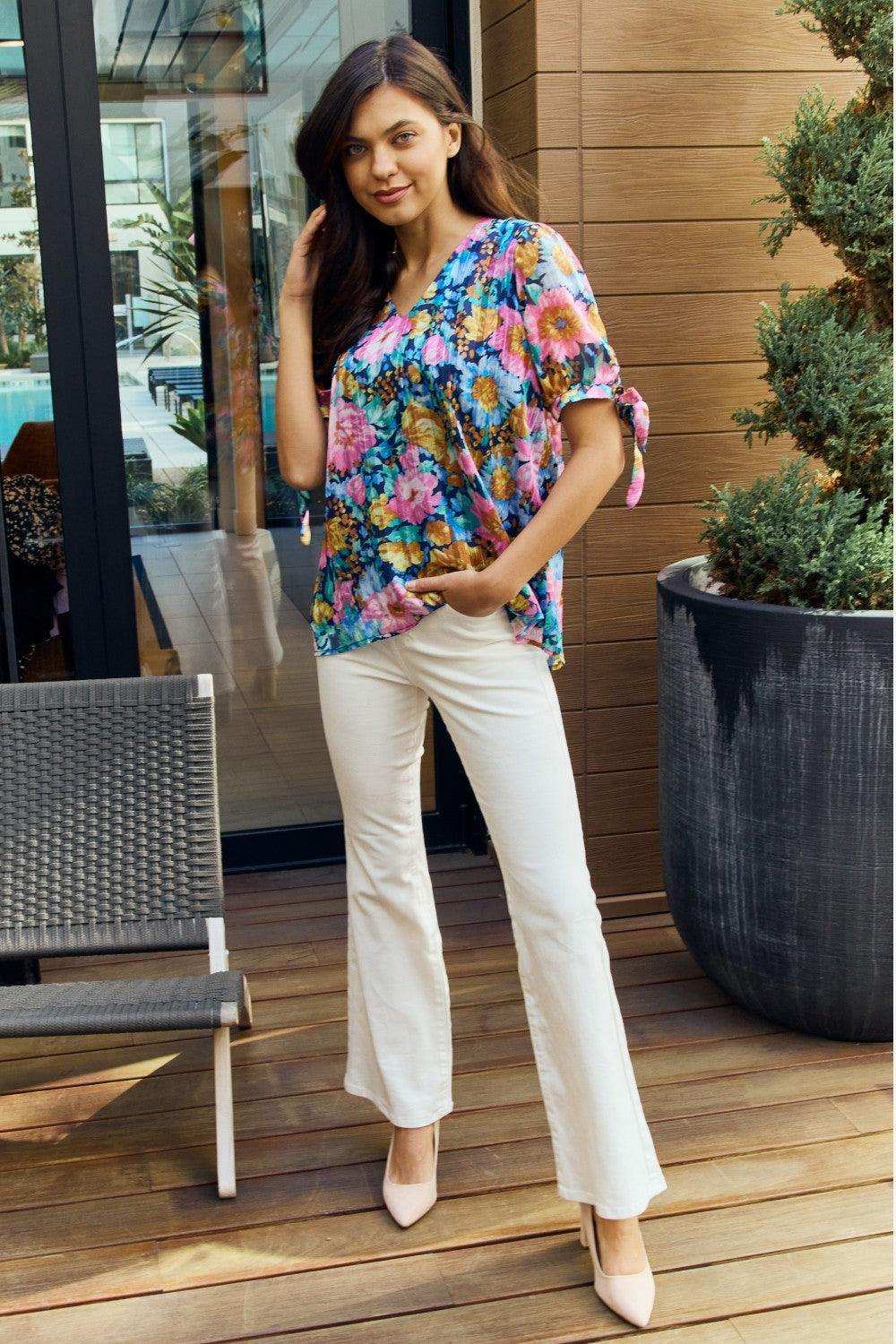 Petal Dew Full Size Floral V-Neck Tie Detail Blouse - Trendsi - Flyclothing LLC