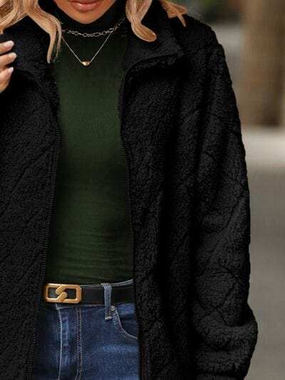 Fuzzy Pocketed Zip Up Jacket - Trendsi - Flyclothing LLC