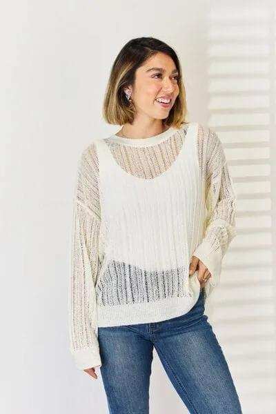 HYFVE Openwork Ribbed Trim Long Sleeve Knit Top - Trendsi - Flyclothing LLC
