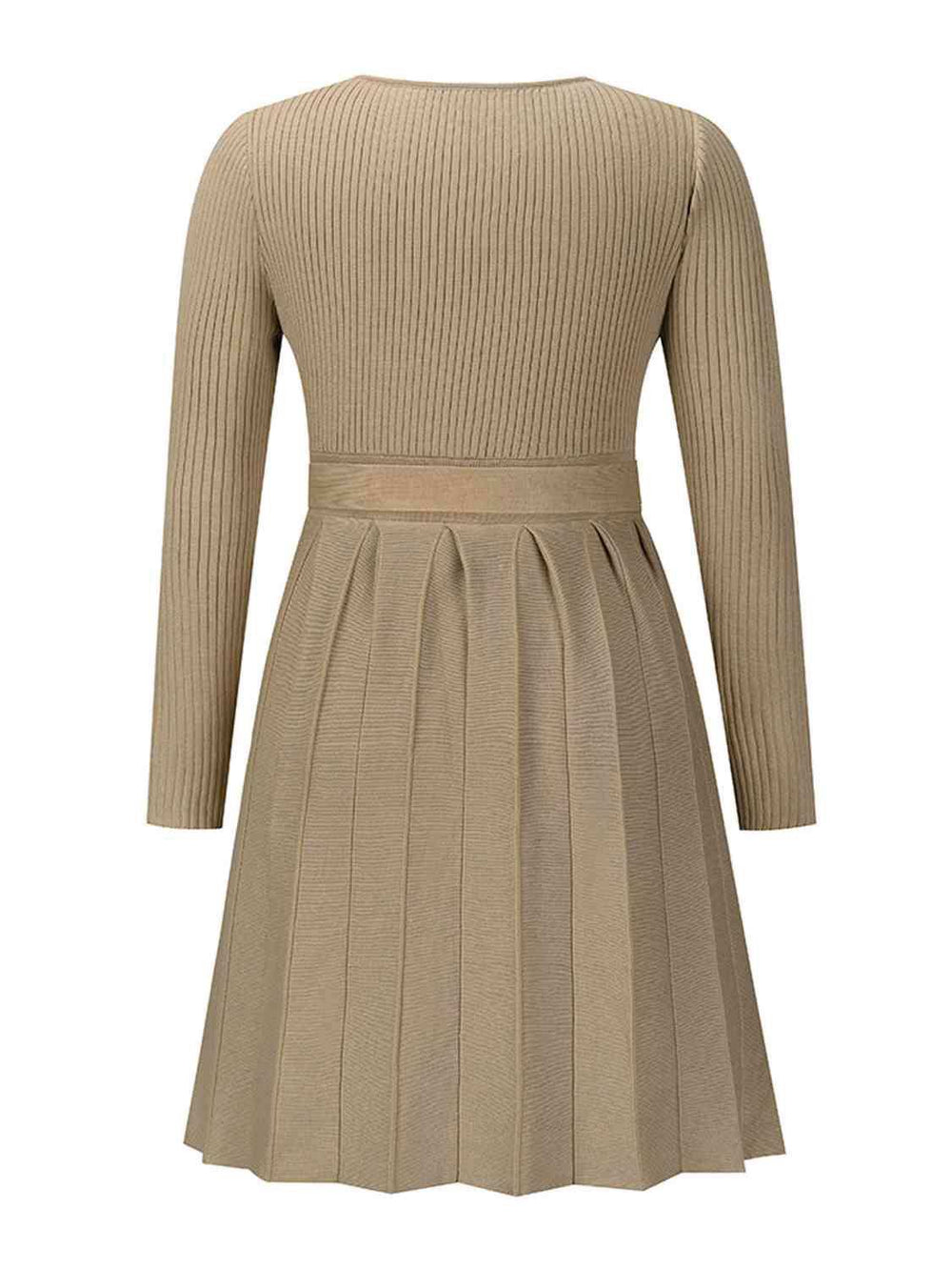 Surplice Neck Tie Front Pleated Sweater Dress - Trendsi - Flyclothing LLC