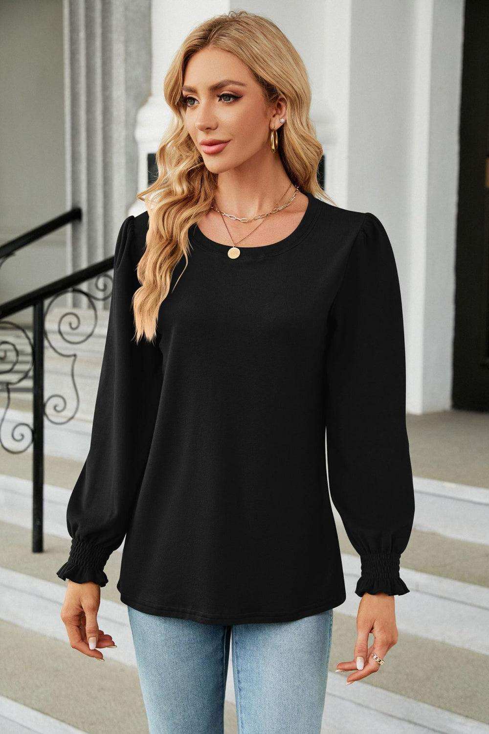 Round Neck Smocked Flounce Sleeve Blouse - Trendsi - Flyclothing LLC
