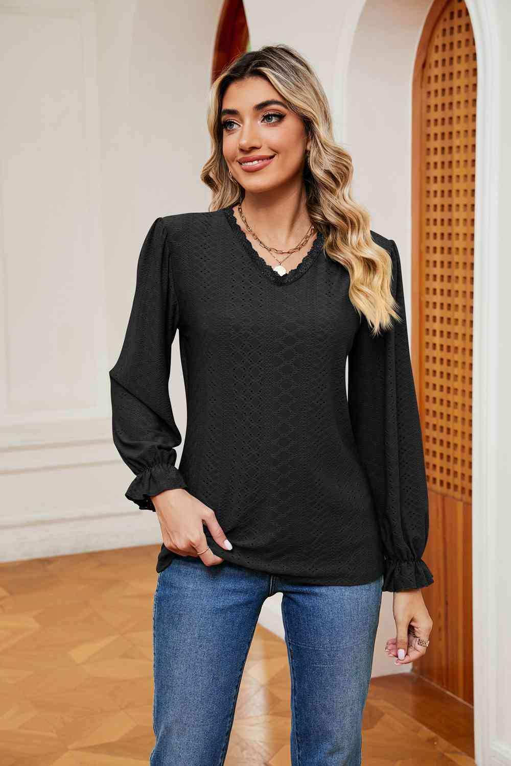 V-Neck Flounce Sleeve Blouse - Trendsi - Flyclothing LLC