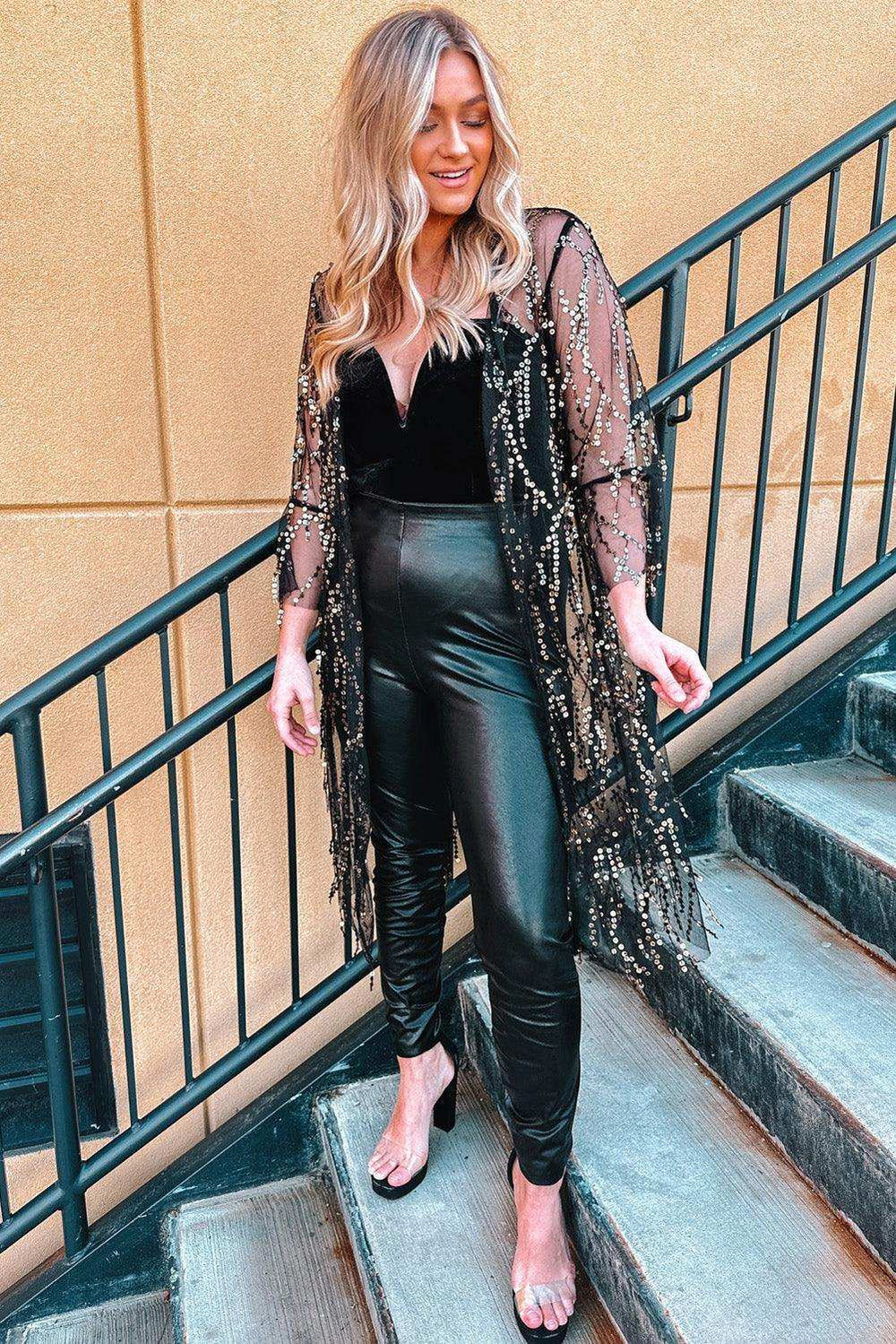 Sequin Open Front Sheer Cardigan - Trendsi - Flyclothing LLC