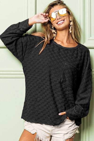 BiBi Checkered Round Neck Exposed Seam Top - Trendsi - Flyclothing LLC