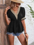 Contrast V-Neck Babydoll Top - Trendsi - Flyclothing LLC