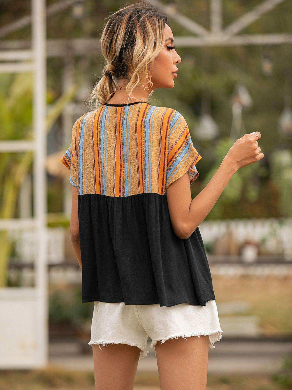 Striped Tie Neck Short Sleeve Blouse - Trendsi - Flyclothing LLC