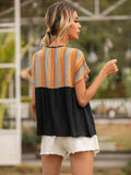 Striped Tie Neck Short Sleeve Blouse - Trendsi - Flyclothing LLC