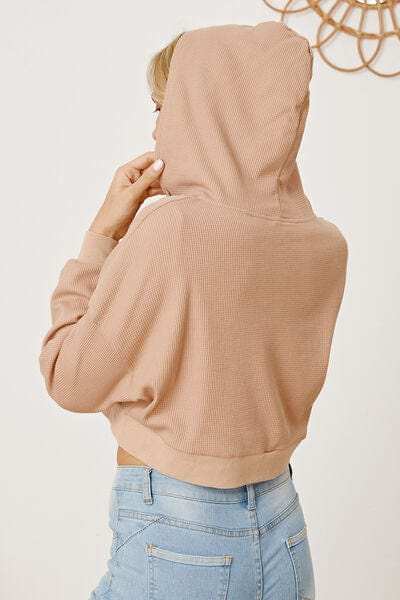 Waffle-Knit Drawstring Zip Up Hoodie - Trendsi - Flyclothing LLC