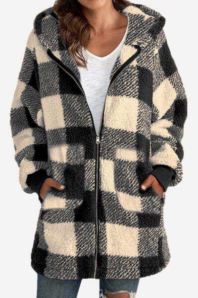 Double Take Full Size Plaid Long Sleeve Hooded Coat - Trendsi - Flyclothing LLC