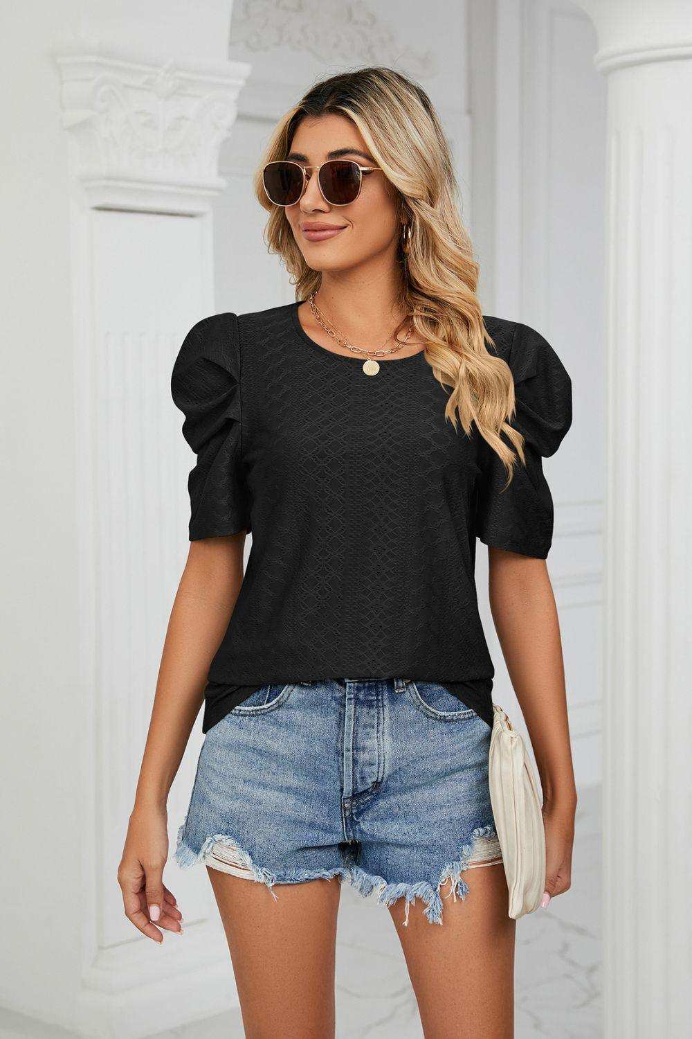 Eyelet Puff Sleeve Round Neck Blouse - Trendsi - Flyclothing LLC