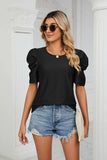 Eyelet Puff Sleeve Round Neck Blouse - Trendsi - Flyclothing LLC