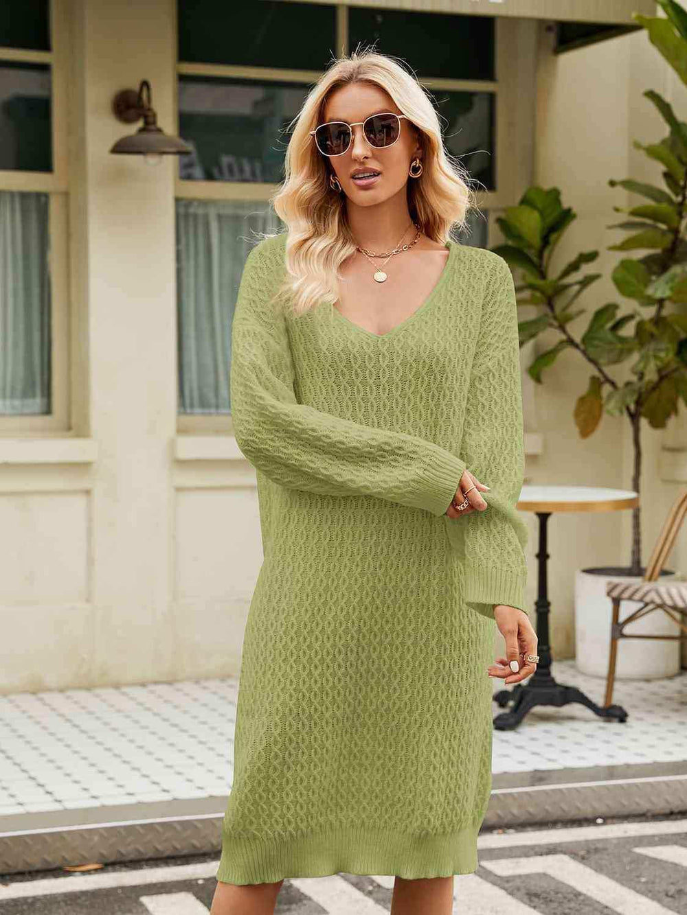 V-Neck Long Sleeve Sweater Dress - Trendsi - Flyclothing LLC