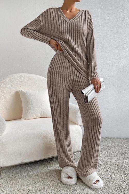 Ribbed V-Neck Top and Pants Set - Trendsi - Flyclothing LLC