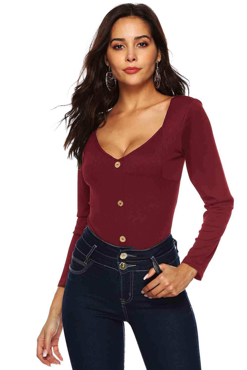 Button Detail Bodysuit - Trendsi - Flyclothing LLC