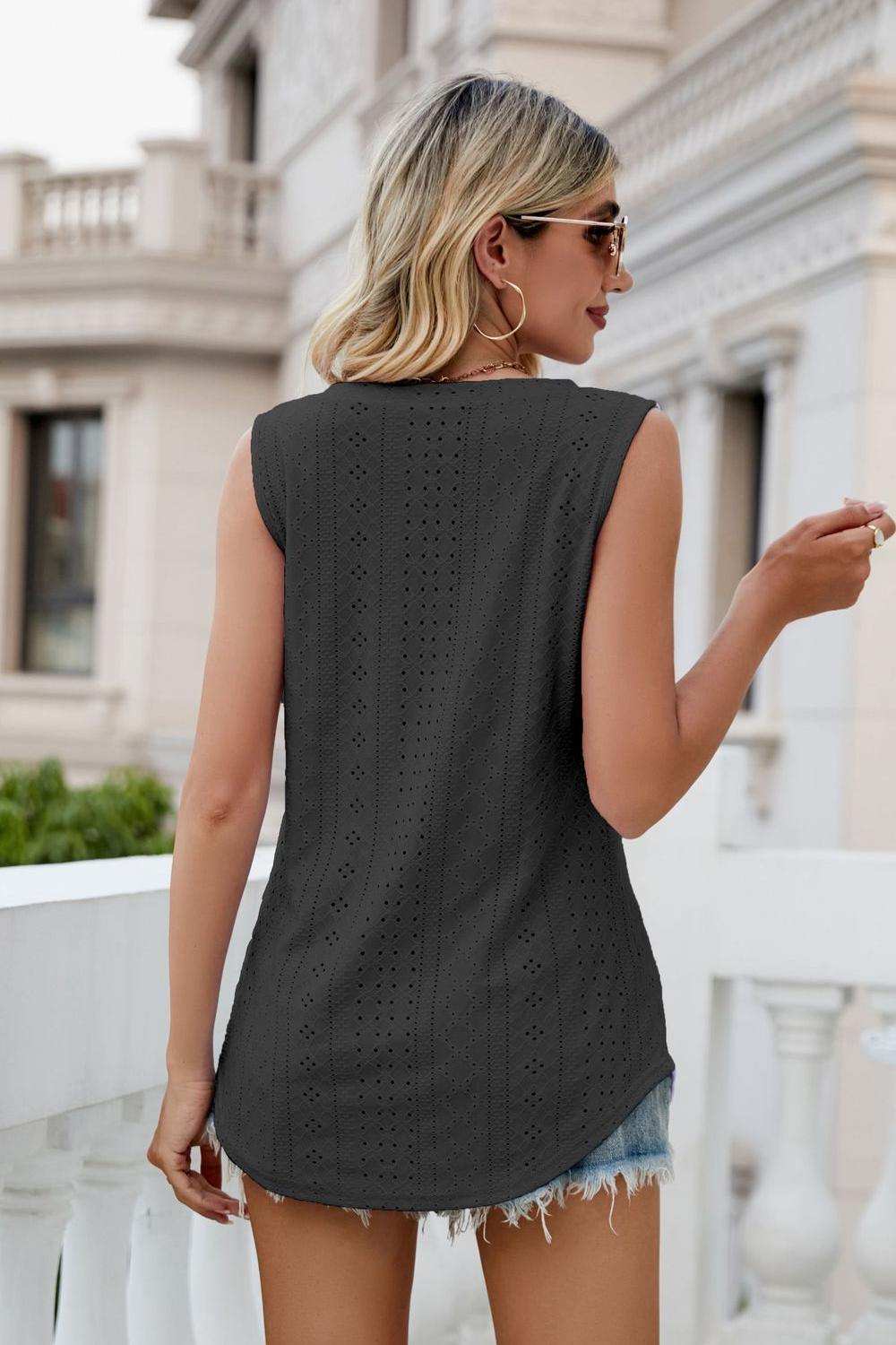 Eyelet V-Neck Tank - Trendsi - Flyclothing LLC