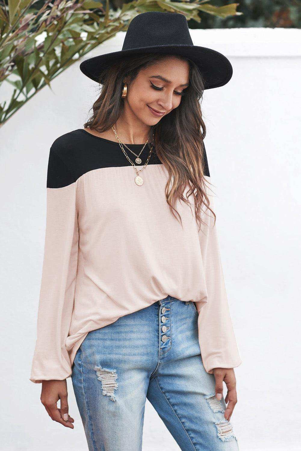 Contrast Balloon Sleeve Blouse - Trendsi - Flyclothing LLC