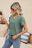 Eyelet Petal Sleeve V-Neck Knit Top - Trendsi - Flyclothing LLC
