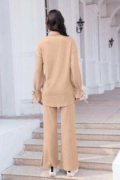 Drawstring Flounce Sleeve Shirt and Pants Set - Trendsi - Flyclothing LLC