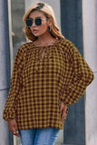 Plaid Tie Neck Balloon Sleeve Blouse - Trendsi - Flyclothing LLC