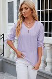 Eyelet Drawstring V-Neck Half Sleeve T-Shirt - Trendsi - Flyclothing LLC