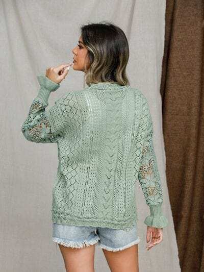 Eyelet Crochet Lantern Sleeve Sweater - Trendsi - Flyclothing LLC