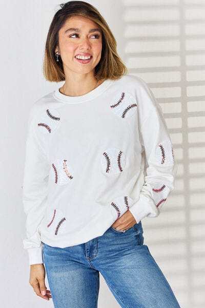Sequin Ball Round Neck Dropped Shoulder Sweatshirt - Trendsi - Flyclothing LLC