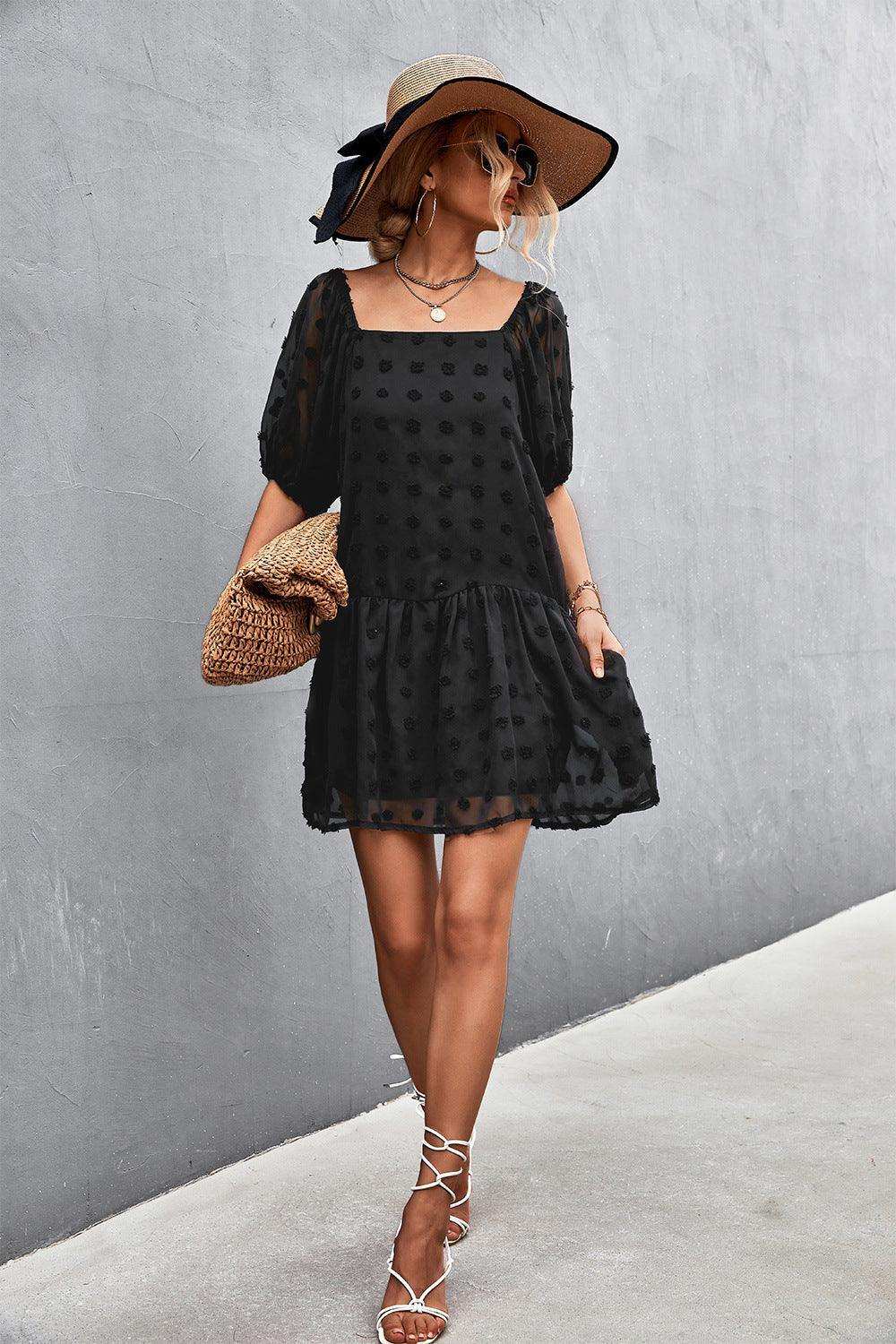 Swiss Dot Square Neck Half Balloon Sleeve Dress - Trendsi - Flyclothing LLC