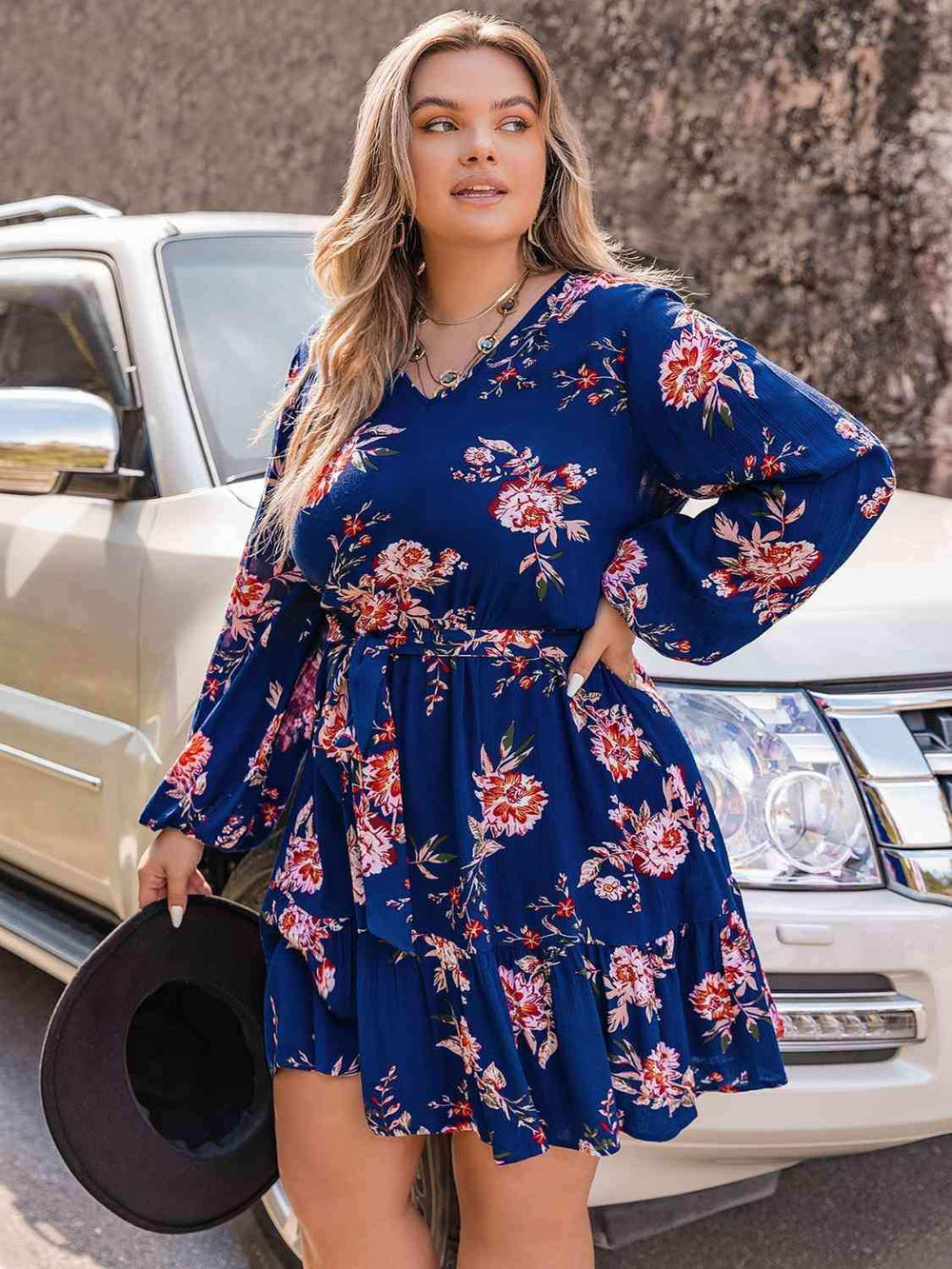 Plus Size V-Neck Long Sleeve Dress - Trendsi - Flyclothing LLC