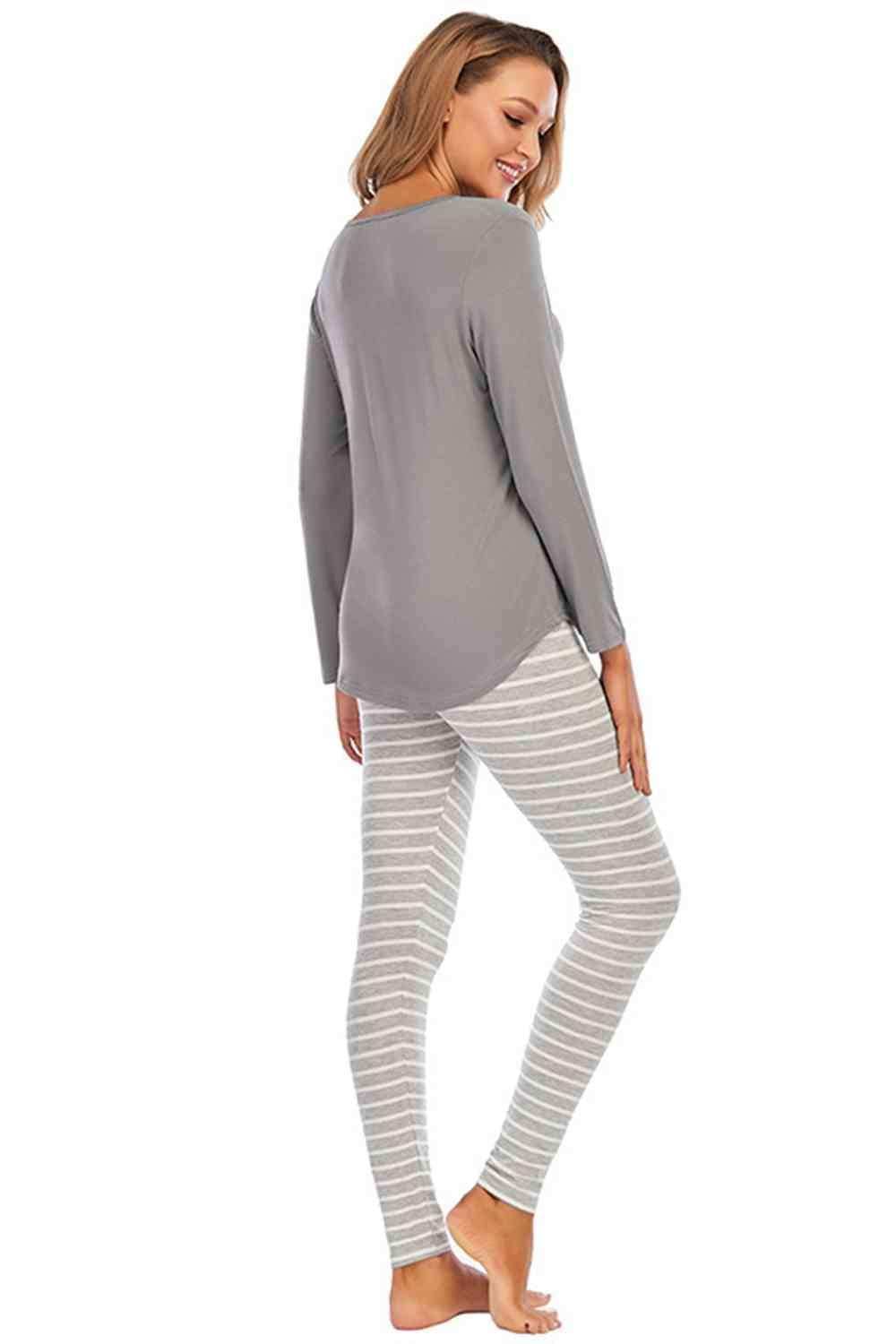 Graphic Round Neck Top and Striped Pants Set - Trendsi - Flyclothing LLC