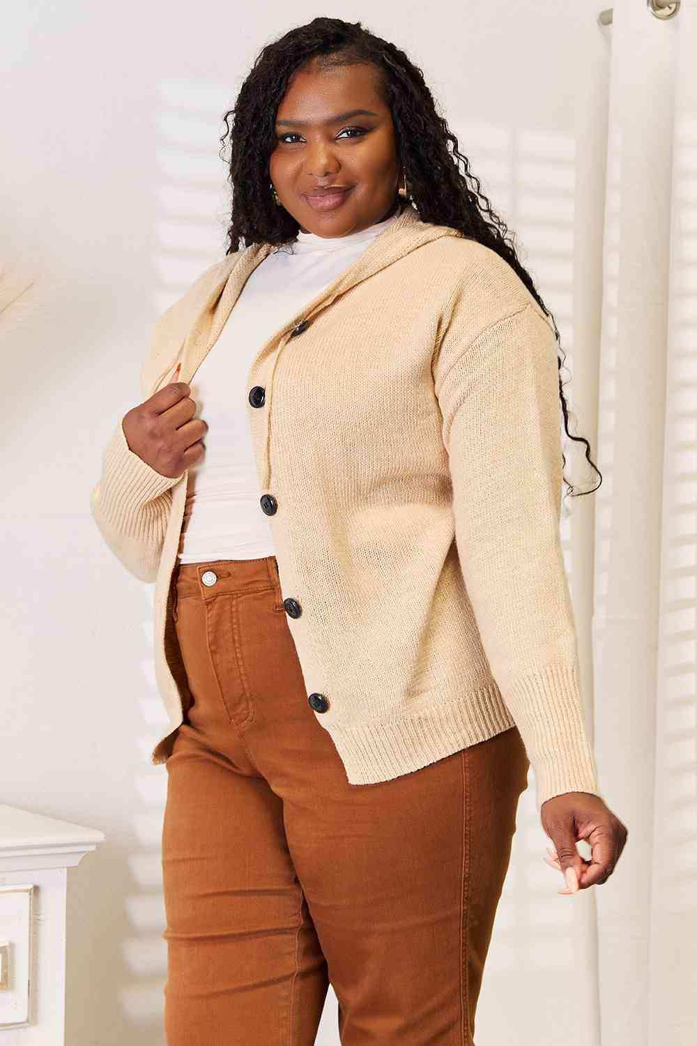 Woven Right Button-Down Long Sleeve Hooded Sweater - Trendsi - Flyclothing LLC