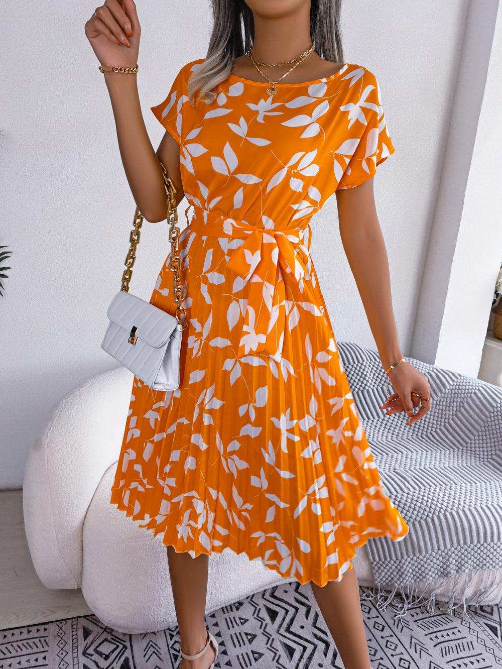 Printed Round Neck Short Sleeve Pleated Dress - Trendsi - Flyclothing LLC