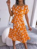 Printed Round Neck Short Sleeve Pleated Dress - Trendsi - Flyclothing LLC