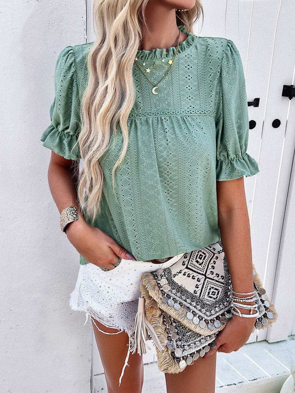 Eyelet Mock Neck Flounce Sleeve Blouse - Trendsi - Flyclothing LLC