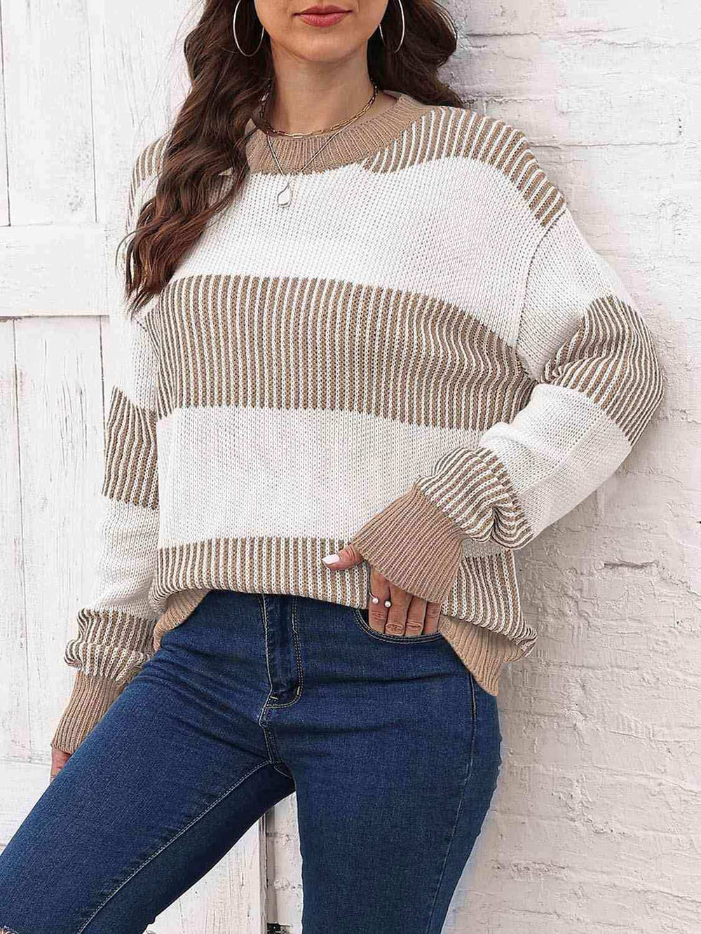Full Size Round Neck Drop Shoulder Sweater - Trendsi - Flyclothing LLC