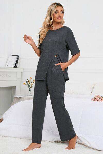 Slit Round Neck Top and Pants Lounge Set - Trendsi - Flyclothing LLC