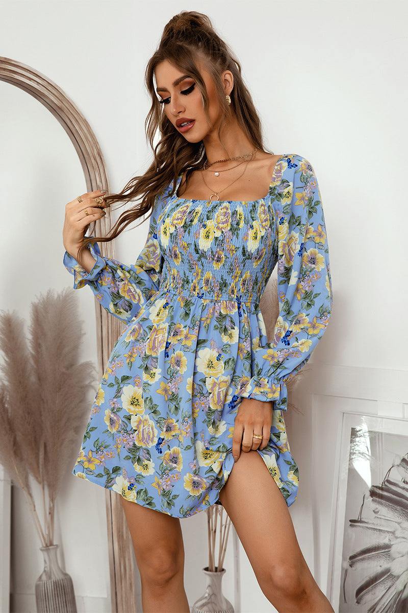 Aqua smocked waist flounce dress top