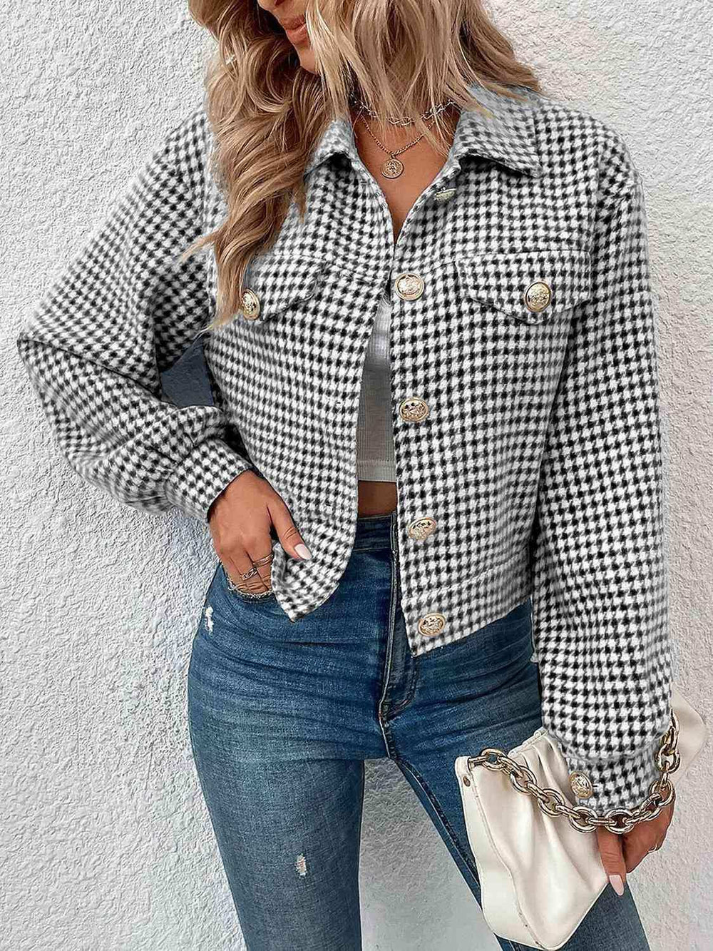 Houndstooth Collared Neck Button Up Jacket - Trendsi - Flyclothing LLC