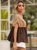 Striped Tie Neck Short Sleeve Blouse - Trendsi - Flyclothing LLC