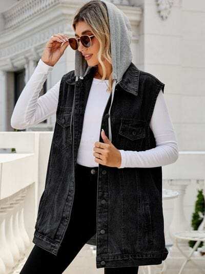 Drawstring Pocketed Button Up Sleeveless Denim Jacket - Trendsi - Flyclothing LLC