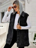 Drawstring Pocketed Button Up Sleeveless Denim Jacket - Trendsi - Flyclothing LLC