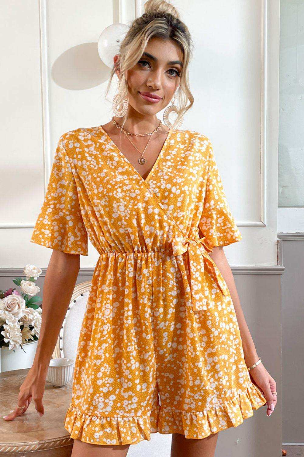 Printed Surplice Neck Ruffled Romper - Trendsi - Flyclothing LLC