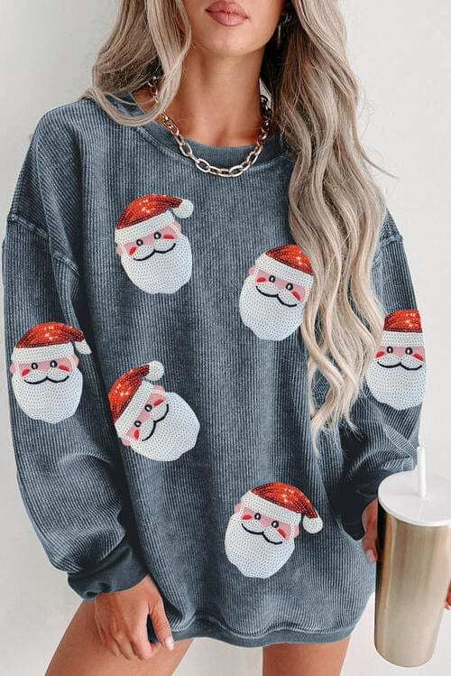Sequin Santa Patch Ribbed Sweatshirt - Trendsi - Flyclothing LLC