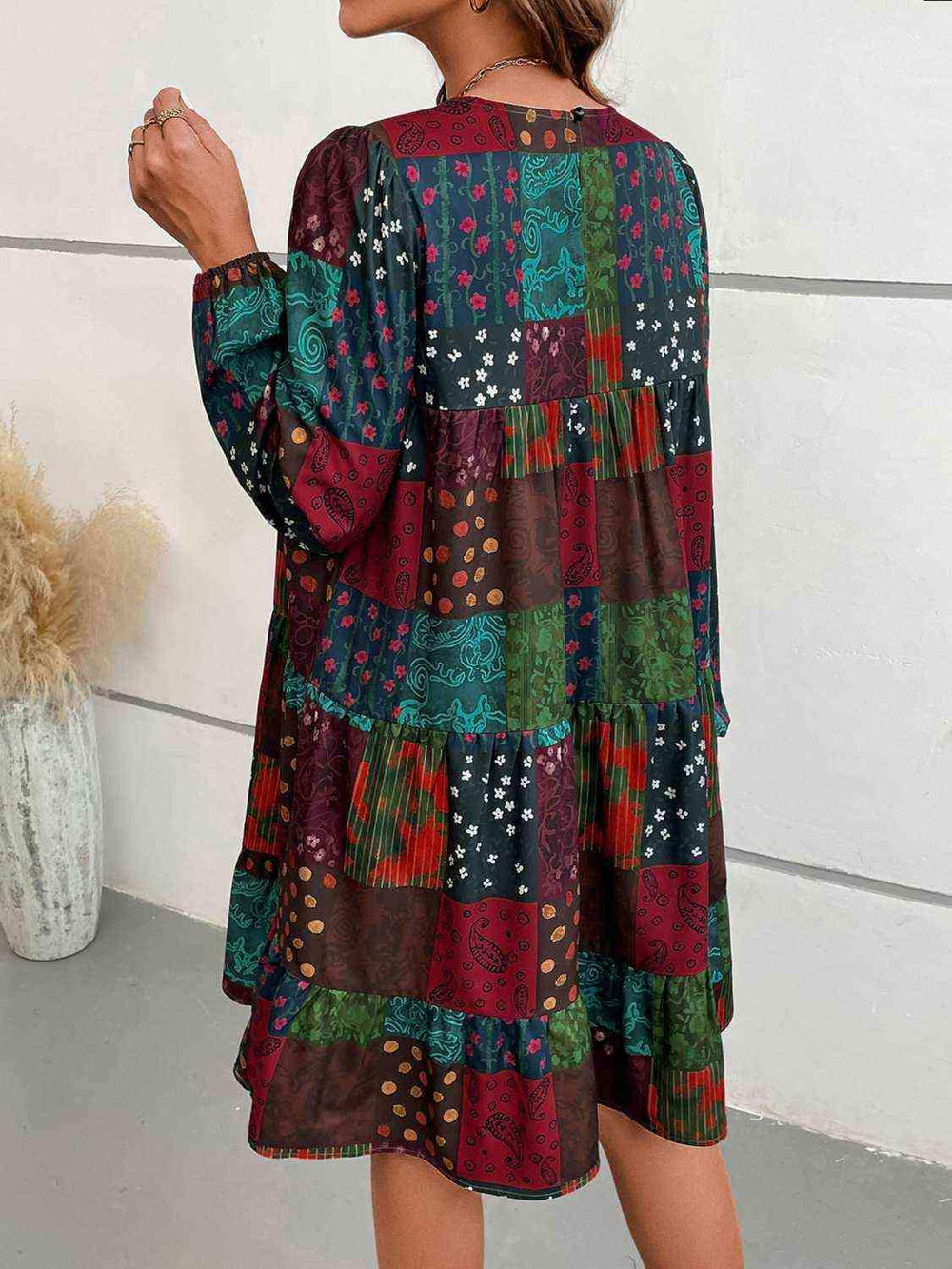 Patchwork Round Neck Long Sleeve Dress - Trendsi - Flyclothing LLC