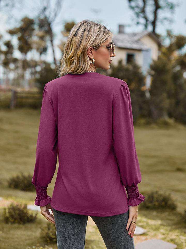 Notched Neck Flounce Sleeve Blouse - Trendsi - Flyclothing LLC