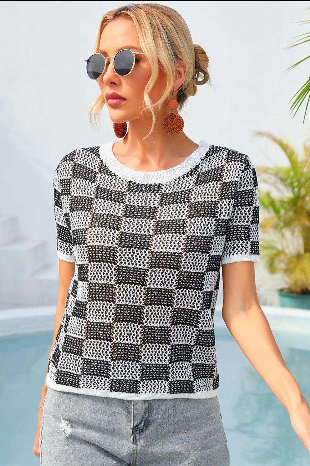 Checkered Short Sleeve Knit Top - Trendsi - Flyclothing LLC