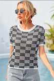 Checkered Short Sleeve Knit Top - Trendsi - Flyclothing LLC