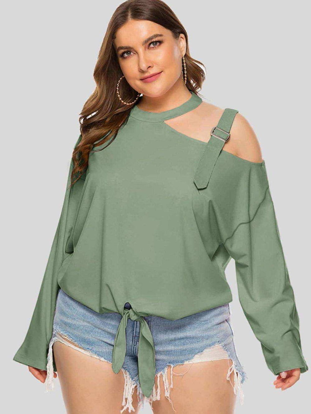 Plus Size Cold-Shoulder Tied Top - Trendsi - Flyclothing LLC