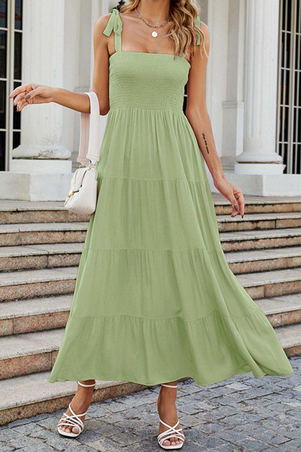 Tie-Shoulder Smocked Tiered Dress - Trendsi - Flyclothing LLC