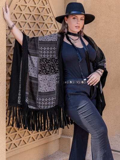 Plus Size Printed Fringe Open Front Outerwear - Trendsi - Flyclothing LLC